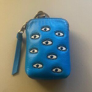 Florence Pouch Charm - Electric Blue Leather Keychain All Over Eyes Embroidery